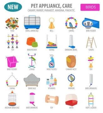 Pet appliance icon set flat style isolated on white. Birds care collection. C Stock Illustration