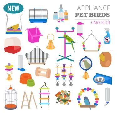 Pet appliance icon set flat style isolated on white. Birds care collection. C Stock Illustration