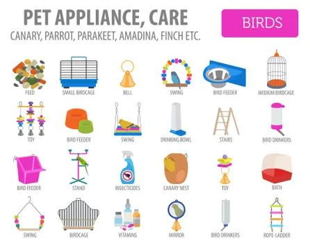 Pet appliance icon set flat style isolated on white. Birds care collection. C Stock Illustration