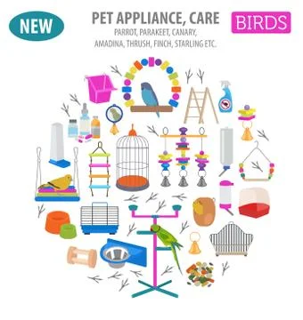 Pet appliance icon set flat style isolated on white. Birds care collection. C Stock Illustration