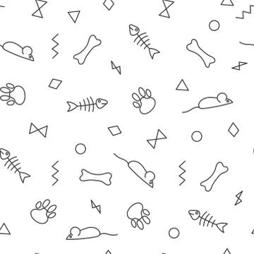 Pet background bones, paws trail, fishbones and geometric figures Stock Illustration