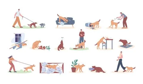 Pet behavior problems. Dogs destroying home, aggressive and naughty pets. Dog イラスト素材