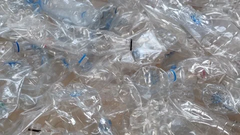 PET bottle recycling. Collected sorted by clear color and crushed plastic water Video stock 277420274