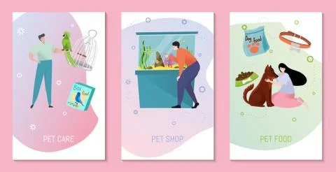 Pet card concept, vector illustration. Male and female characters with favourite Stock-Illustration