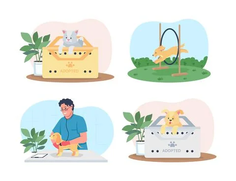 Pet care 2D vector web banner, poster set Stock Illustration
