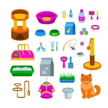 Pet cat accessories vector flat illustration Stock Illustration