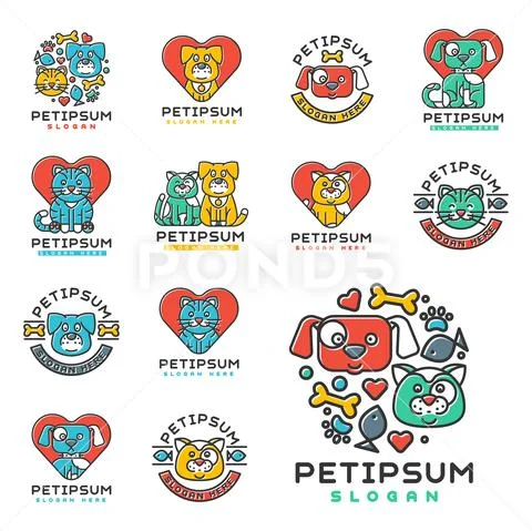 Pet cat and dog vector domestic insignia silhouette veterinary medical refuge Stock Illustration
