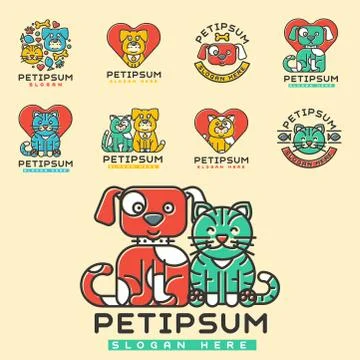 Pet cat and dog vector domestic insignia silhouette veterinary medical refuge Stock Illustration