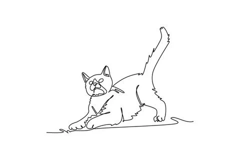 Pet cat playfully stretching its paws on the ground with tail raised high Ilustração Stock