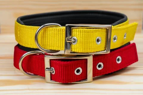 Pet collars stack for pet on wooden background Stock Photos