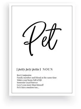 Pet definition, vector. Minimalist poster design, pet noun description Stock Illustration