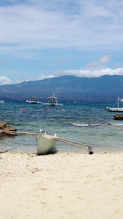 Pet dog walking by with the view of a moored bangka or outrigger boat at the bea Vídeos de archivo 319953788