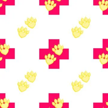 Pet First Aid. Red cross and paw as heart. Veterinary clinic seamless pattern Stock Illustration