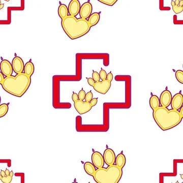 Pet First Aid. Red cross and paw as heart. Veterinary clinic seamless pattern Stock Illustration