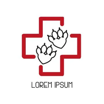 Pet First Aid. Red cross and paw as heart. Veterinary clinic logotype. Flat line Stock Illustration