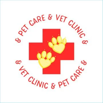 Pet First Aid. Red cross and paw as heart. Veterinary clinic logotype. Flat Stock Illustration