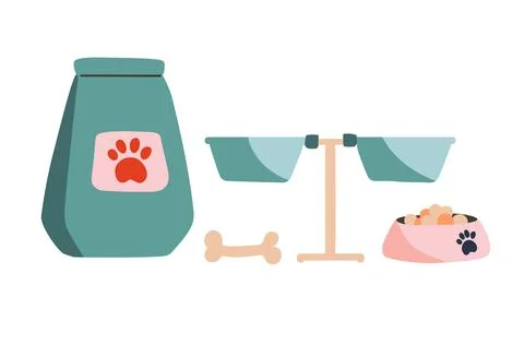 Pet food, bone, bowls. Objects isolated on white background, cartoon style. Set Stock Illustration