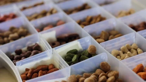 Pet food product sample container close up. Variety of shapes and colors. Stock-Footage 152111183