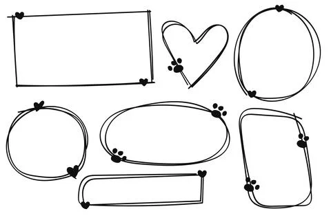Pet footprint frame. Hand drawn doodle shape frames with dog or cat paws an.. Stock Illustration