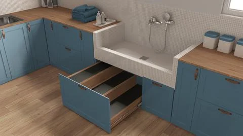 Pet friendly laundry room, close up, mudroom in blue tones with cabinets and  Stock Illustration