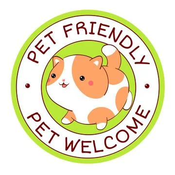 Pet friendly vector label. Stamp or sticker with pet friendly text. Kawaii .. Stock Illustration