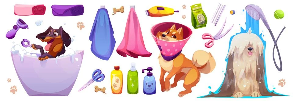Pet grooming spa design elements set 스톡 일러스트