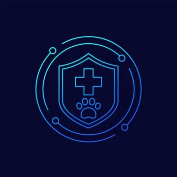 Pet insurance icon with a shield, linear design Stock Illustration