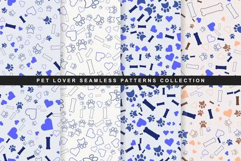 Pet lover seamless patterns collection with paw prints, hearts and bones 스톡 일러스트