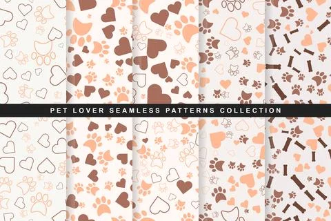 Pet lover seamless patterns collection with paw prints, hearts and bones 스톡 일러스트