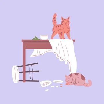 Pet mess and clutter broken plate in dining room by two naughty cats, vector Stock Illustration