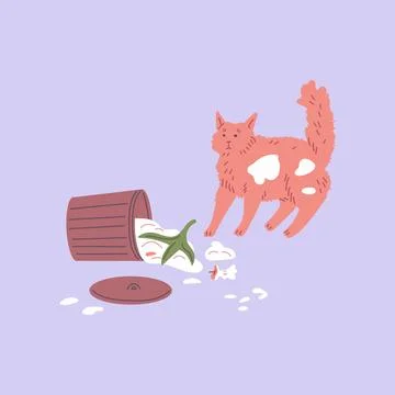 Pet mess and clutter, overturned trash can, scattered garbage, naughty ginger Stock Illustration