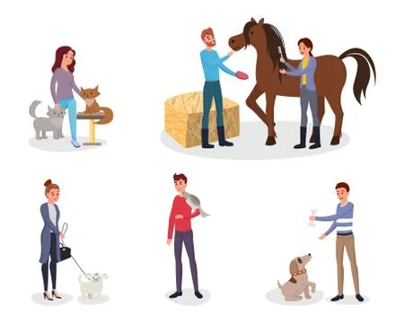Pet owners flat vector illustrations set. Cartoon people taking care of domestic Stock Illustration