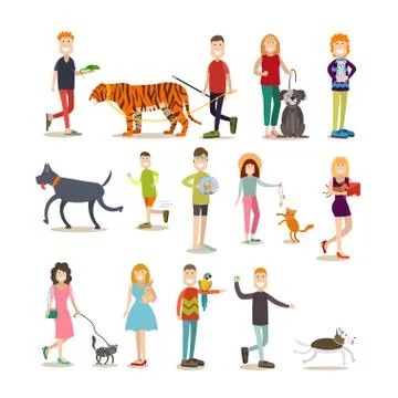 Pet owners with their animals vector flat icon set Stock Illustration