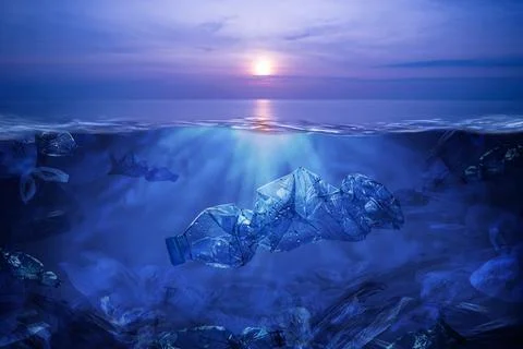 PET plastic bottles and single-use plastic bags floating in sea or ocean Stock Photos