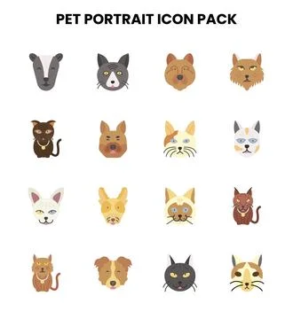 Pet Portrait Flat Graphics Icons Pack Stock Illustration