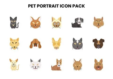 Pet Portrait Flat Vector Icons Pack Stock Illustration