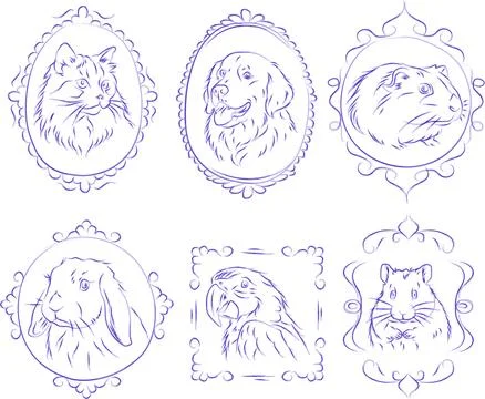 Pet portrait set in vintage frames Stock Illustration