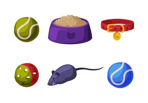 Pet Shop Accessory with Ball, Mouse, Feed Bowl and Collar Vector Set Stock-Illustration