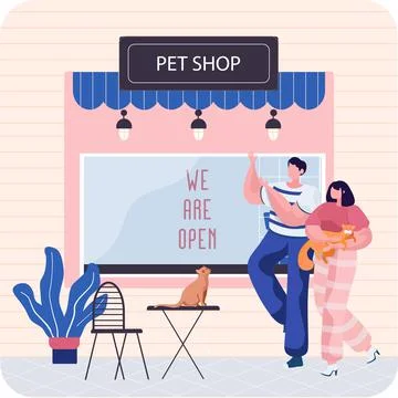 Pet shop concept, awning with windows animal accessories store indoors flat Ilustración de archivo