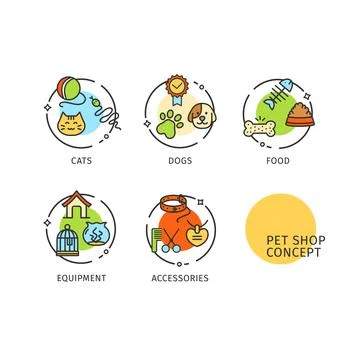 Pet Shop Concept Thin Line Icons Labels Set. Vector 스톡 일러스트