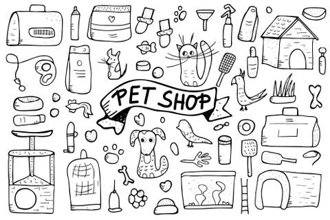Pet shop elements collection. Set of vector domestics animal care symbols in  Illustrazione stock
