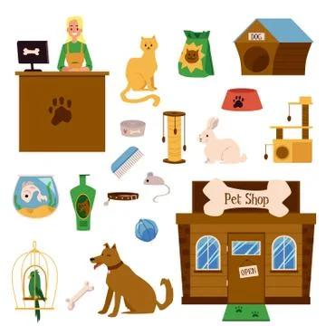 Pet shop elements set with people and animals flat vector illustration isolat Stock-Illustration