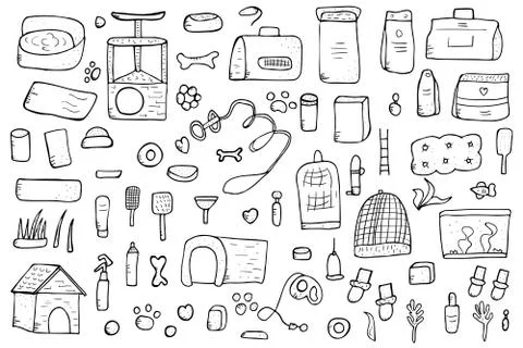 Pet shop elements. Set of vector domestics animal care symbols in doodle styl 스톡 일러스트