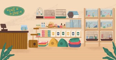 Pet shop interior concept vector illustration. Animal store with canine food Illustrazione stock