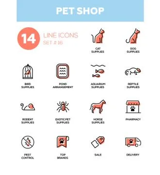 Pet Shop - Modern simple thin line design icons, pictograms set Stock Illustration