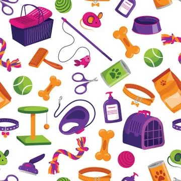 Pet shop seamless pattern. Vector flat cartoon illustration. Animals store pa Stock Illustration
