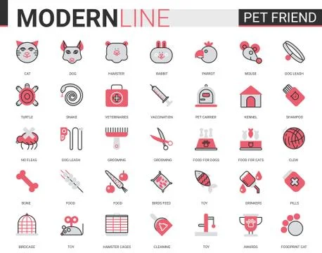 Pet shop thin red black flat line icon vector illustration set with outline Illustrazione stock