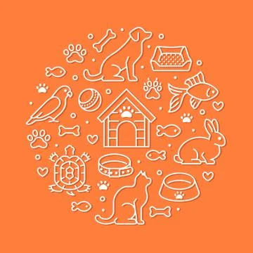Pet shop vector circle banner with flat line icons. Dog house, cat food, bird Stock Illustration