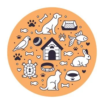 Pet shop vector circle banner with flat line icons. Dog house, cat food, bird Stock Illustration