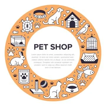 Pet shop vector circle banner with flat line icons. Dog house, cat food, bird Stock Illustration